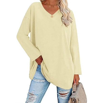 Women's V-Neck Knit Top, Loose Fit Long Sleeve Cotton Blend Tee with Flared Hem, Casual Basic Shirt for Spring and Summer