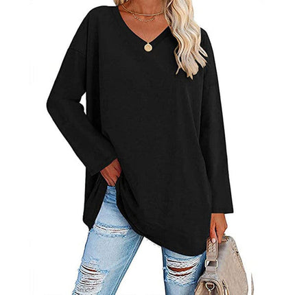 Women's V-Neck Knit Top, Loose Fit Long Sleeve Cotton Blend Tee with Flared Hem, Casual Basic Shirt for Spring and Summer