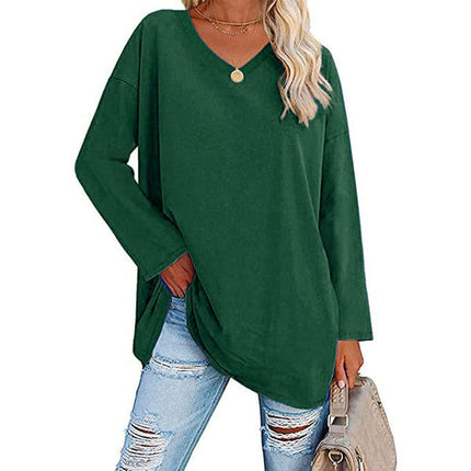 Women's V-Neck Knit Top, Loose Fit Long Sleeve Cotton Blend Tee with Flared Hem, Casual Basic Shirt for Spring and Summer