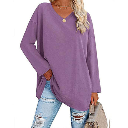 Women's V-Neck Knit Top, Loose Fit Long Sleeve Cotton Blend Tee with Flared Hem, Casual Basic Shirt for Spring and Summer
