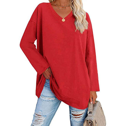 Women's V-Neck Knit Top, Loose Fit Long Sleeve Cotton Blend Tee with Flared Hem, Casual Basic Shirt for Spring and Summer