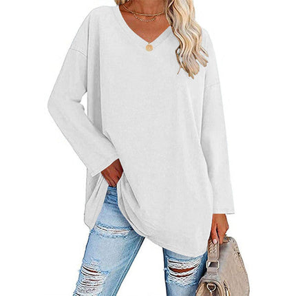 Women's V-Neck Knit Top, Loose Fit Long Sleeve Cotton Blend Tee with Flared Hem, Casual Basic Shirt for Spring and Summer