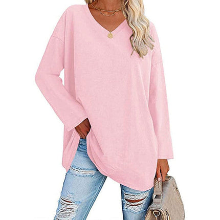 Women's V-Neck Knit Top, Loose Fit Long Sleeve Cotton Blend Tee with Flared Hem, Casual Basic Shirt for Spring and Summer