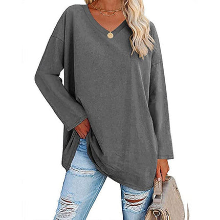 Women's V-Neck Knit Top, Loose Fit Long Sleeve Cotton Blend Tee with Flared Hem, Casual Basic Shirt for Spring and Summer